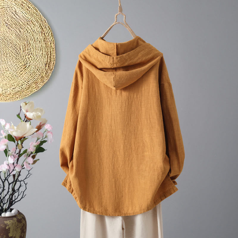 Women's Plain Buttons Design Cotton Long Sleeve Hoodie With Pockets