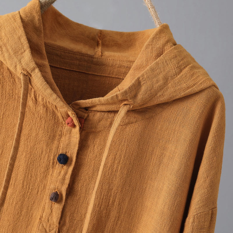 Women's Plain Buttons Design Cotton Long Sleeve Hoodie With Pockets