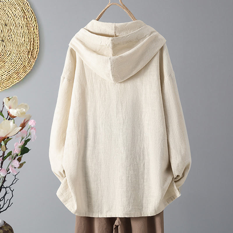 Women's Plain Buttons Design Cotton Long Sleeve Hoodie With Pockets