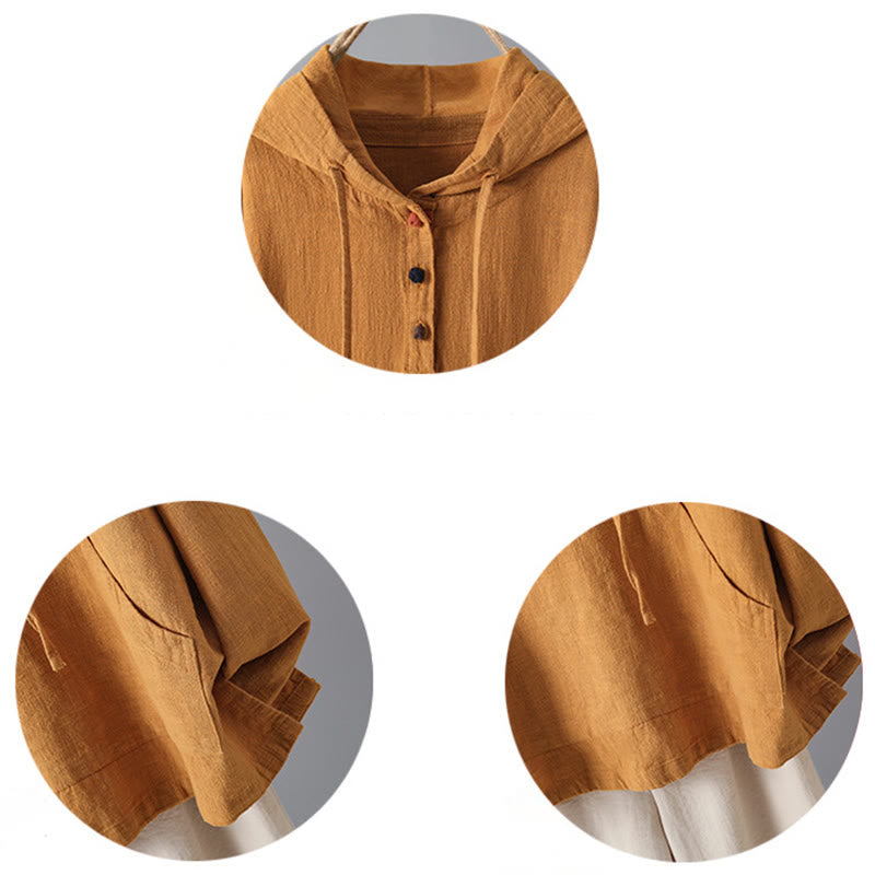 Women's Plain Buttons Design Cotton Long Sleeve Hoodie With Pockets