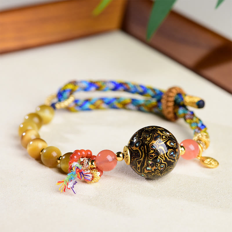 Tibetan Lacquer Bead & Tiger Eye Hand-Woven Adjustable Stone Bracelet