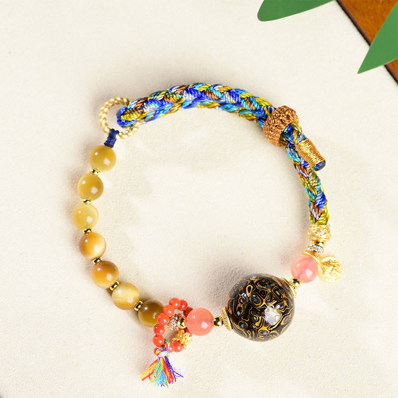 Tibetan Lacquer Bead & Tiger Eye Hand-Woven Adjustable Stone Bracelet