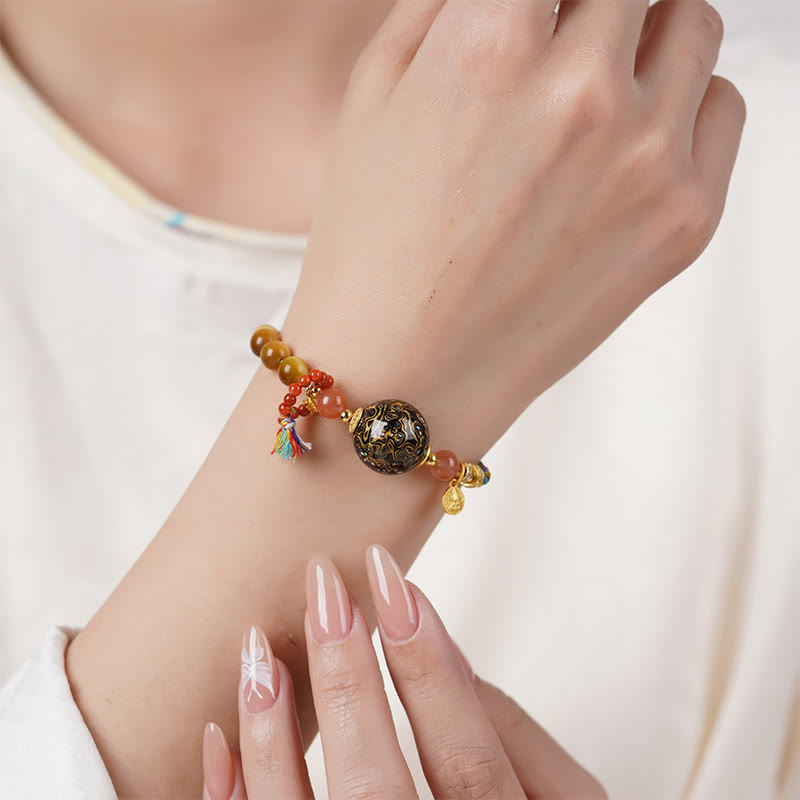 Tibetan Lacquer Bead & Tiger Eye Hand-Woven Adjustable Stone Bracelet