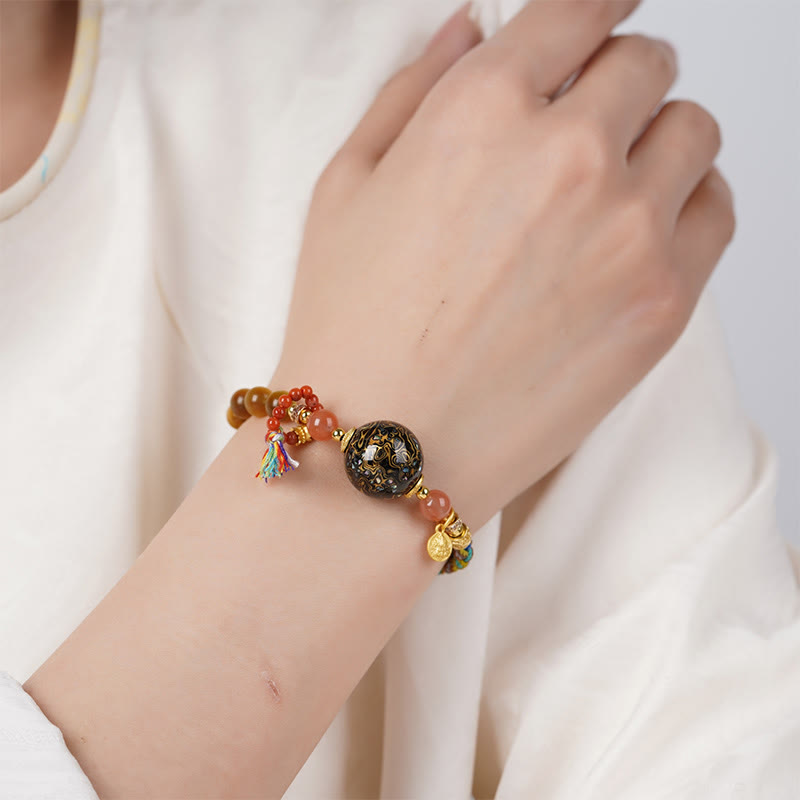 Tibetan Lacquer Bead & Tiger Eye Hand-Woven Adjustable Stone Bracelet