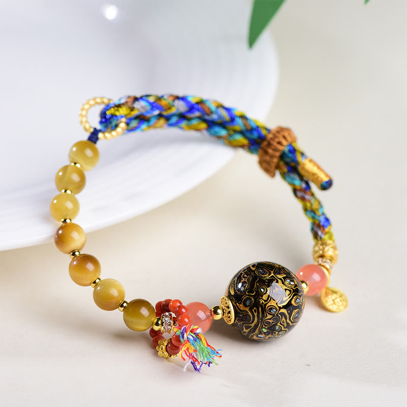 Tibetan Lacquer Bead & Tiger Eye Hand-Woven Adjustable Stone Bracelet