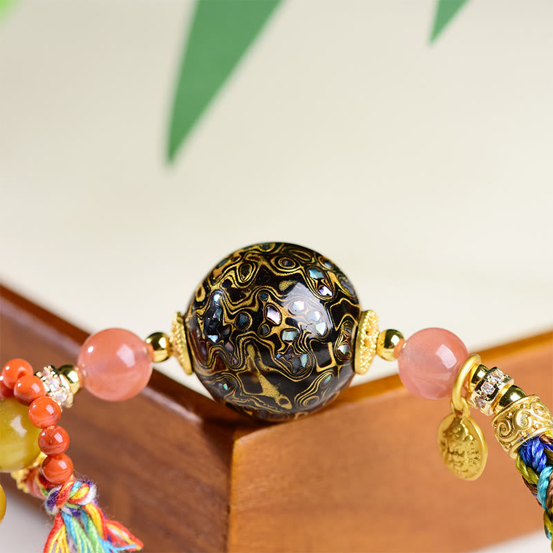 Tibetan Lacquer Bead & Tiger Eye Hand-Woven Adjustable Stone Bracelet