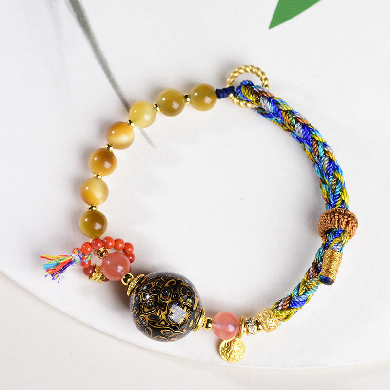 Tibetan Lacquer Bead & Tiger Eye Hand-Woven Adjustable Stone Bracelet