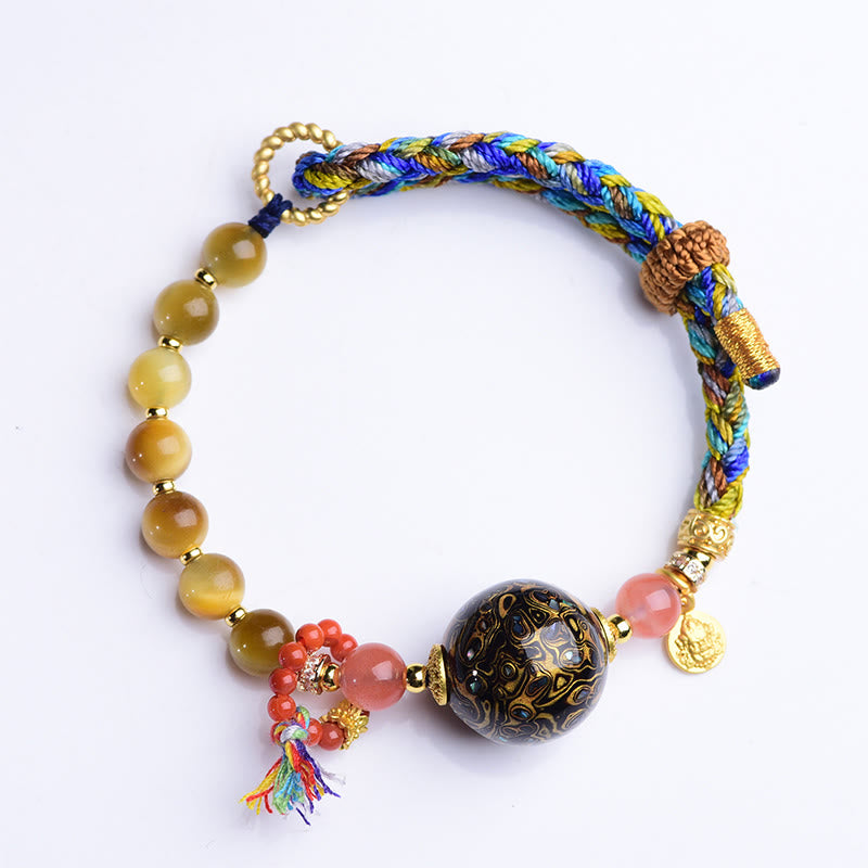 Tibetan Lacquer Bead & Tiger Eye Hand-Woven Adjustable Stone Bracelet