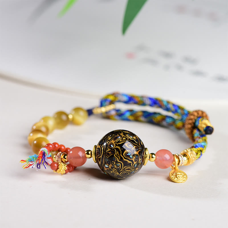 Tibetan Lacquer Bead & Tiger Eye Hand-Woven Adjustable Stone Bracelet