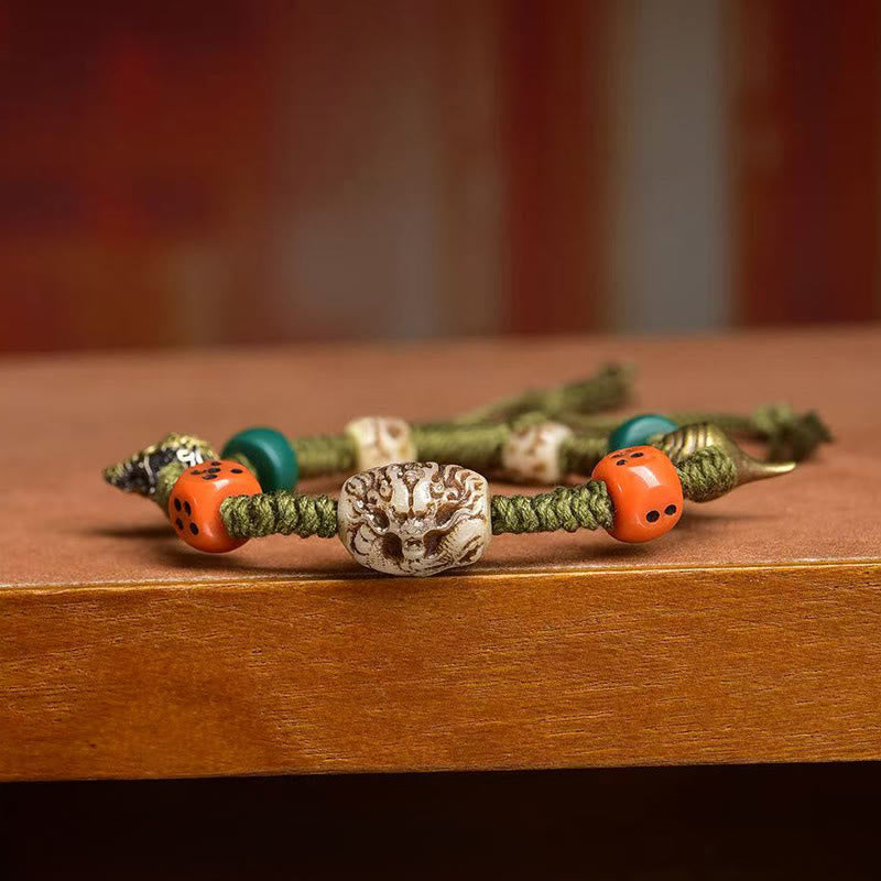 Tibetan Handmade Green Rope Bracelet with Copper Dragon Pattern Dice Beads