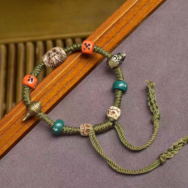 Tibetan Handmade Green Rope Bracelet with Copper Dragon Pattern Dice Beads