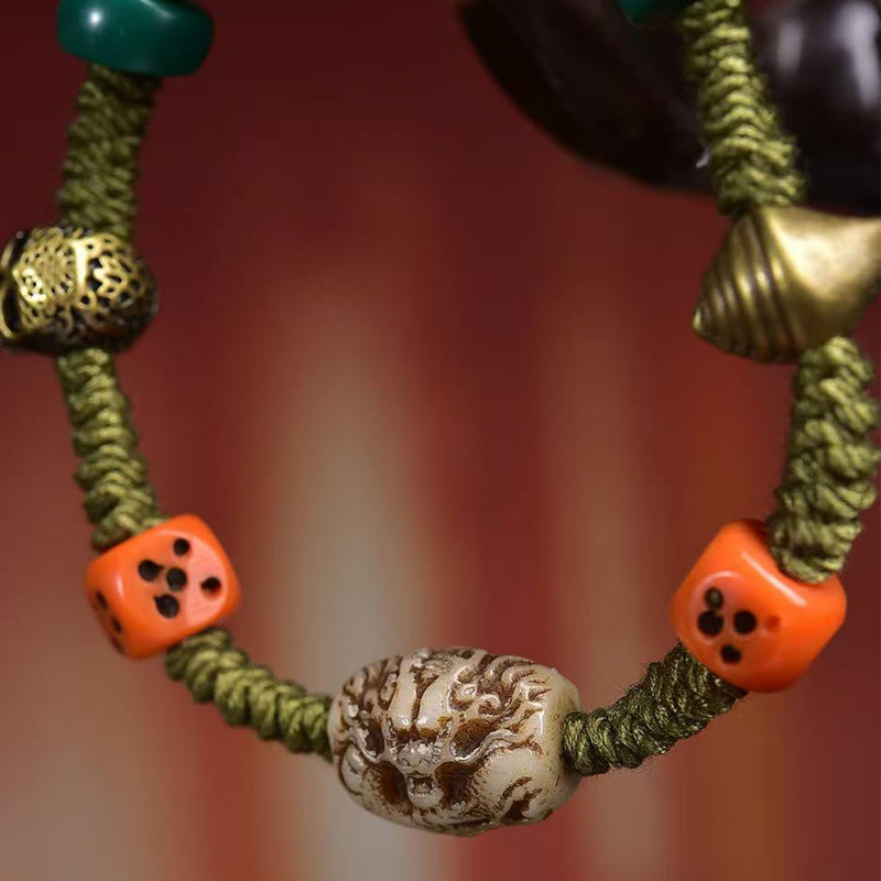 Tibetan Handmade Green Rope Bracelet with Copper Dragon Pattern Dice Beads