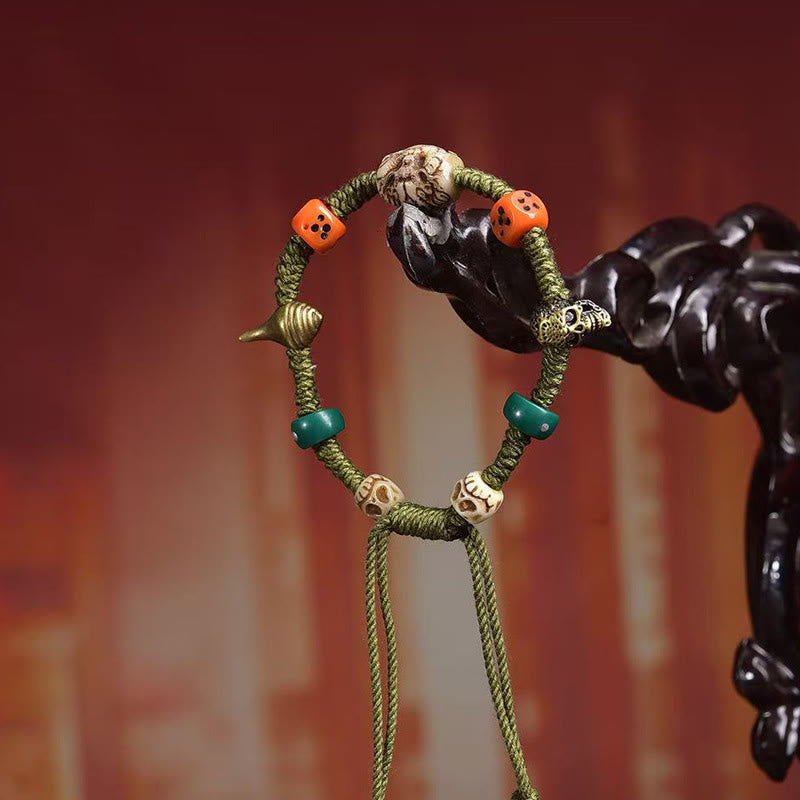 Tibetan Handmade Green Rope Bracelet with Copper Dragon Pattern Dice Beads