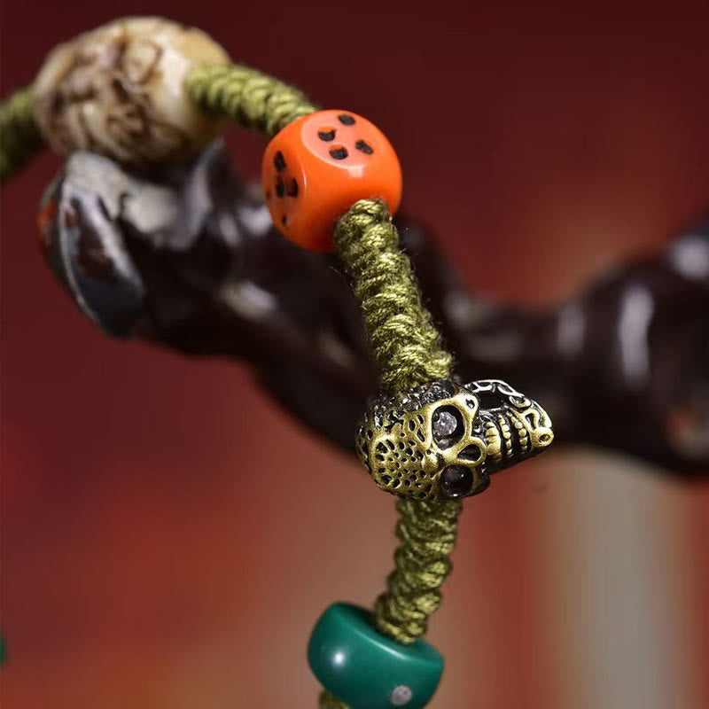 Tibetan Handmade Green Rope Bracelet with Copper Dragon Pattern Dice Beads