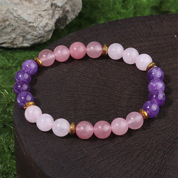 Amethyst, Strawberry Quartz & Rose Quartz Beaded Pink Crystal Bracelet