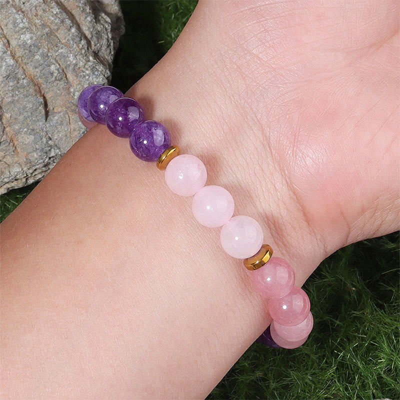 Amethyst, Strawberry Quartz & Rose Quartz Beaded Pink Crystal Bracelet