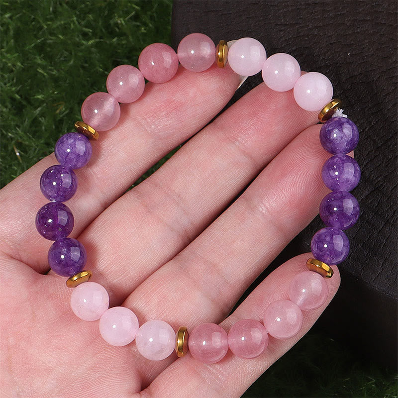 Amethyst, Strawberry Quartz & Rose Quartz Beaded Pink Crystal Bracelet