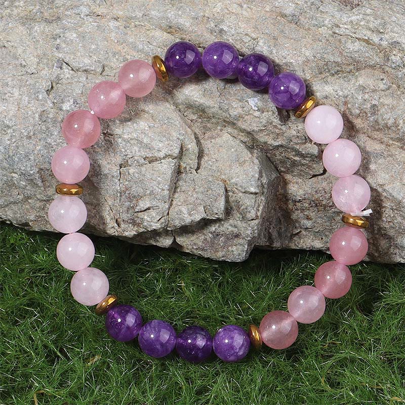 Amethyst, Strawberry Quartz & Rose Quartz Beaded Pink Crystal Bracelet