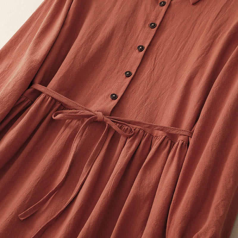 Structured Cotton Lapel Long-Sleeve Meditation Midi Dress