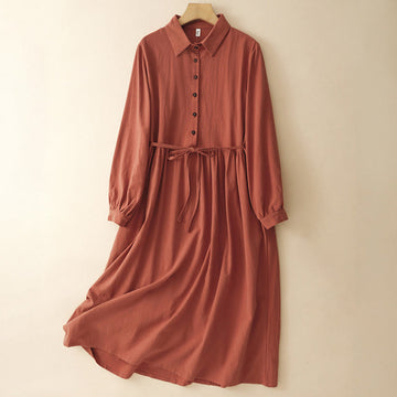 Structured Cotton Lapel Long-Sleeve Meditation Midi Dress
