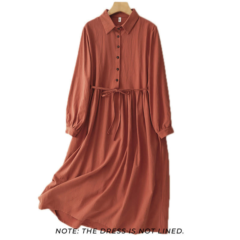 Structured Cotton Lapel Long-Sleeve Meditation Midi Dress