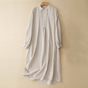 Breathable Cotton Stand-Collar Meditation Midi Dress