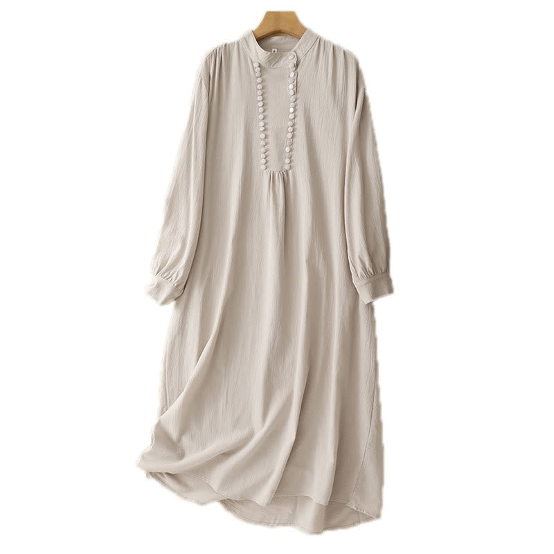 Breathable Cotton Stand-Collar Meditation Midi Dress