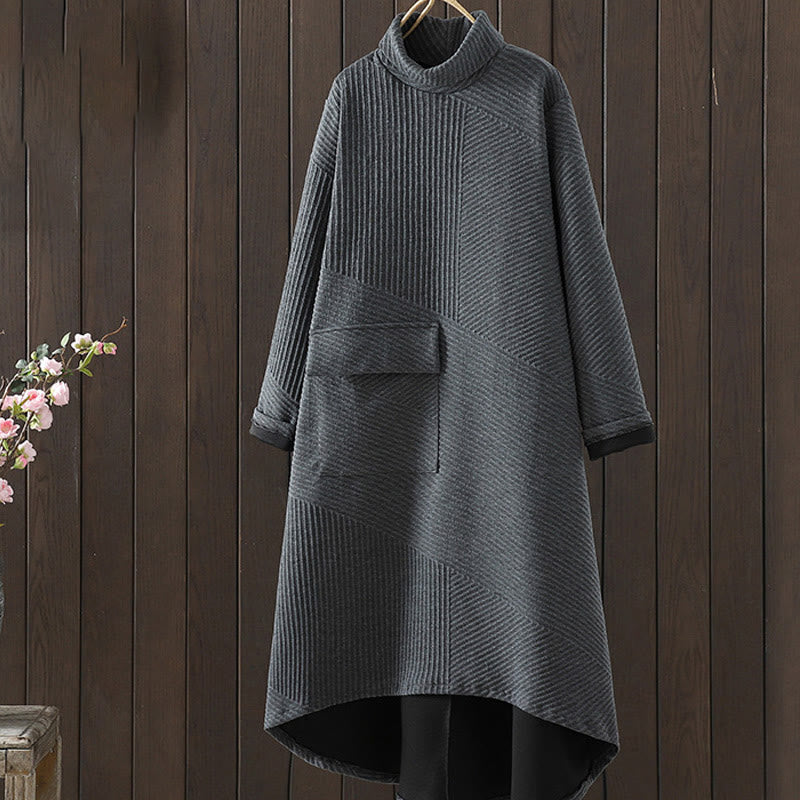 Soft Cotton Turtleneck Irregular Grounding Midi Dress