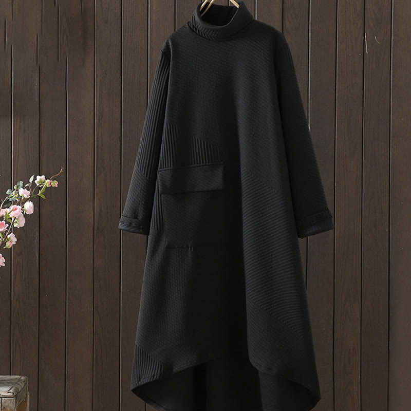 Soft Cotton Turtleneck Irregular Grounding Midi Dress