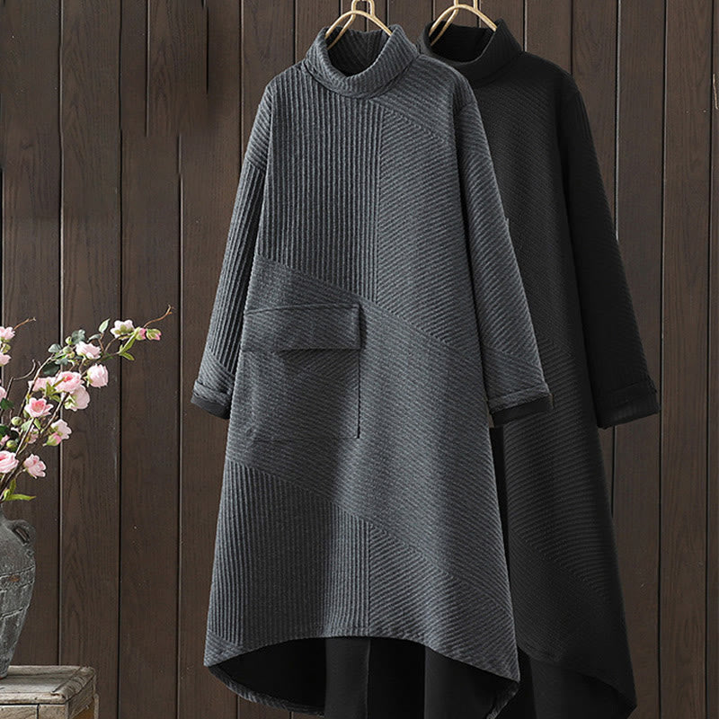 Soft Cotton Turtleneck Irregular Grounding Midi Dress