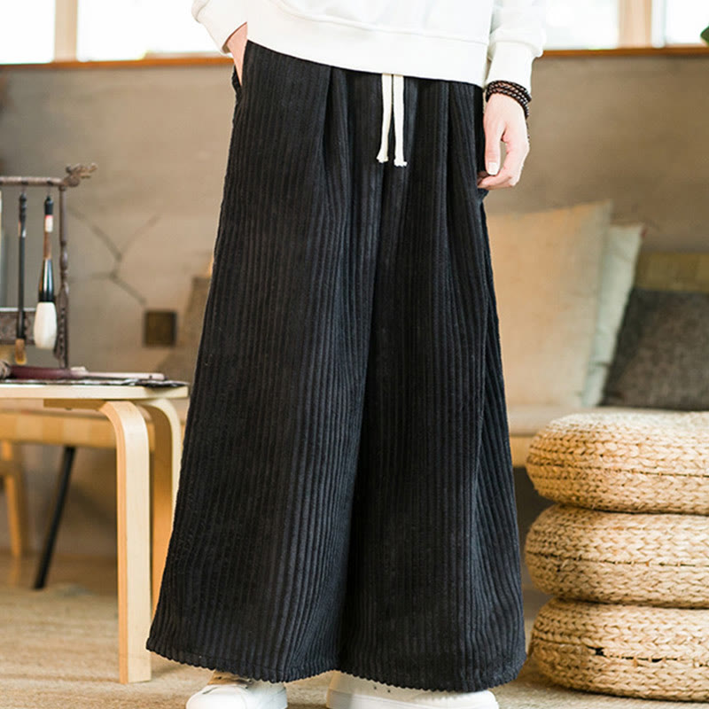 Commute Plain Drawstring Men's Wide Leg Cotton Corduroy Pants With Pockets