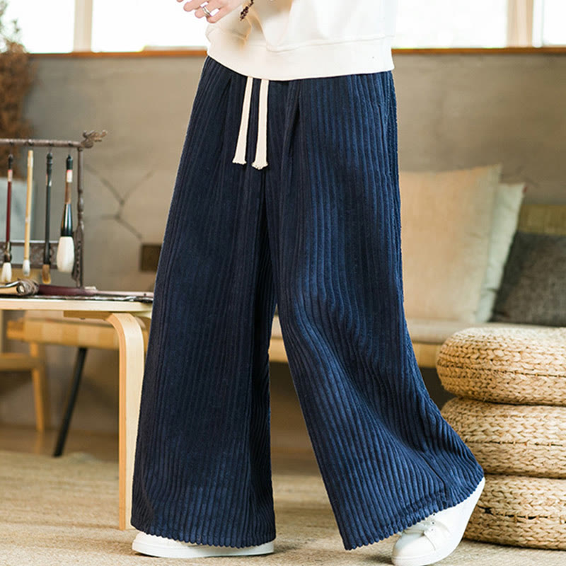 Commute Plain Drawstring Men's Wide Leg Cotton Corduroy Pants With Pockets