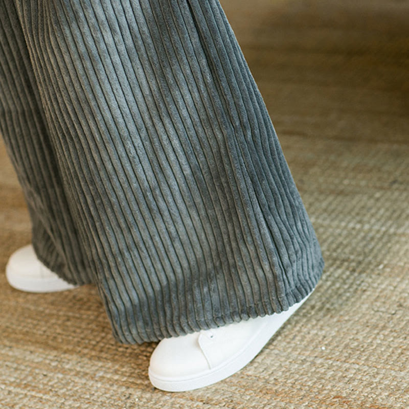 Commute Plain Drawstring Men's Wide Leg Cotton Corduroy Pants With Pockets