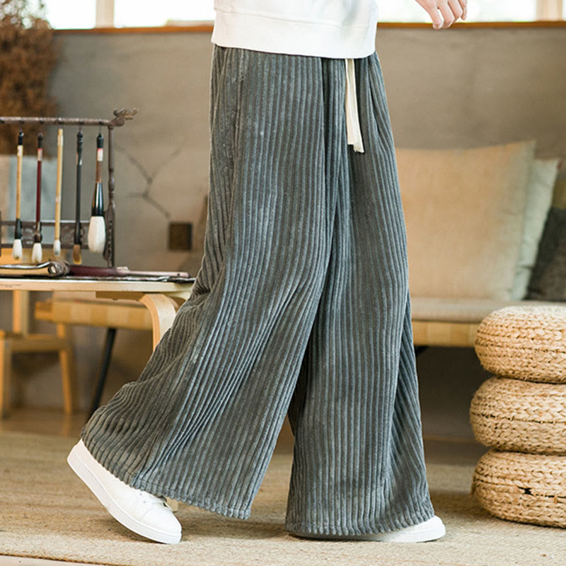 Commute Plain Drawstring Men's Wide Leg Cotton Corduroy Pants With Pockets