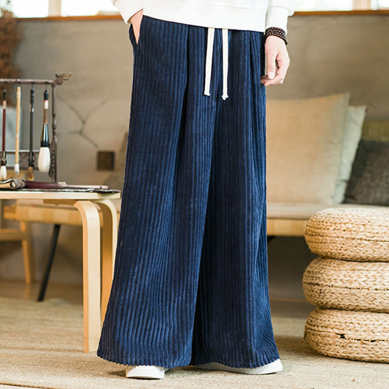 Commute Plain Drawstring Men's Wide Leg Cotton Corduroy Pants With Pockets