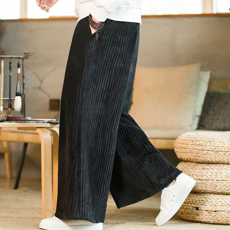 Commute Plain Drawstring Men's Wide Leg Cotton Corduroy Pants With Pockets