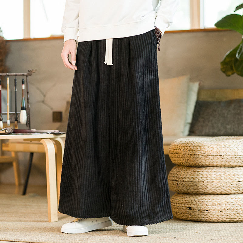 Commute Plain Drawstring Men's Wide Leg Cotton Corduroy Pants With Pockets
