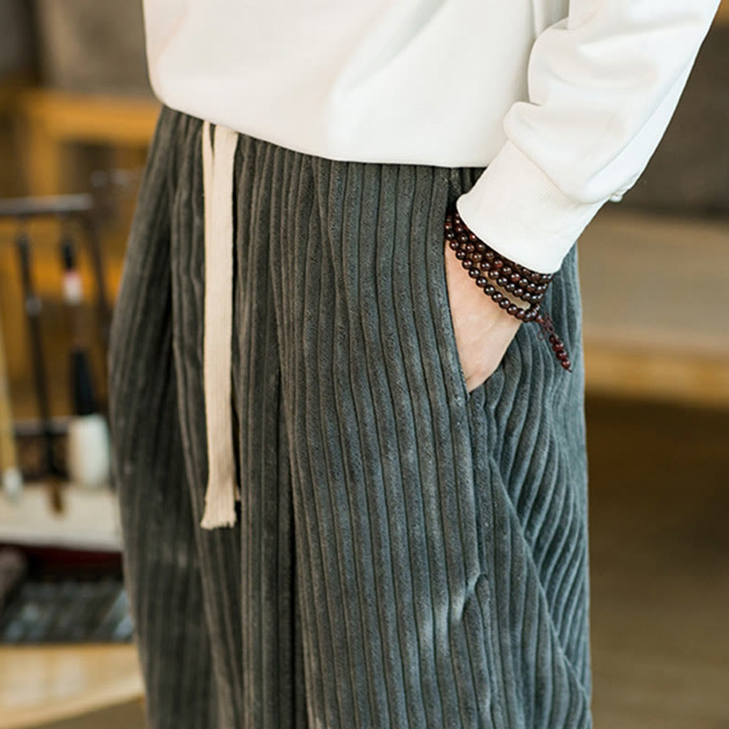 Commute Plain Drawstring Men's Wide Leg Cotton Corduroy Pants With Pockets