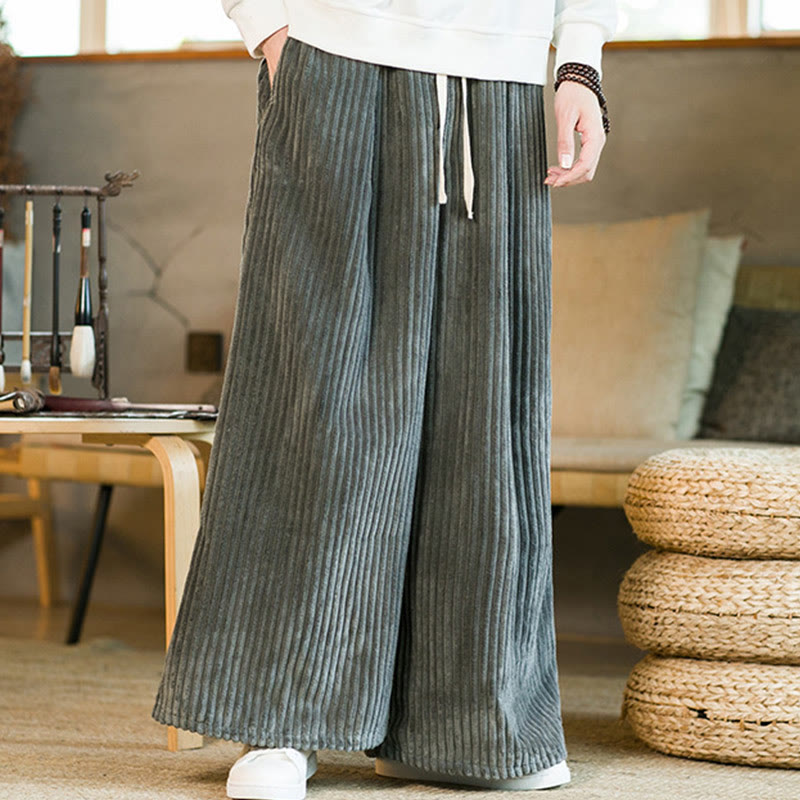 Commute Plain Drawstring Men's Wide Leg Cotton Corduroy Pants With Pockets
