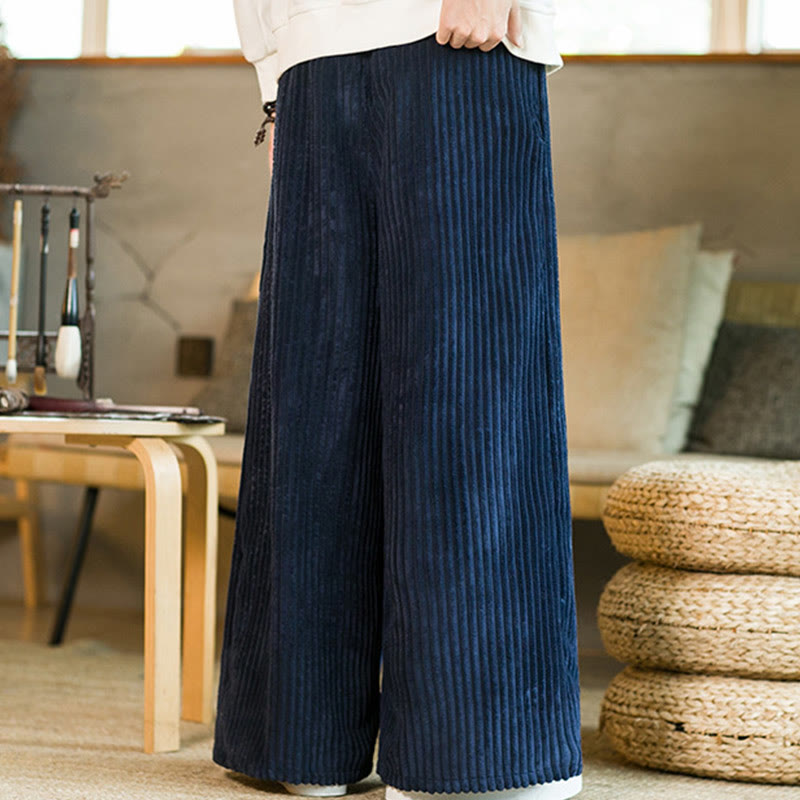 Commute Plain Drawstring Men's Wide Leg Cotton Corduroy Pants With Pockets