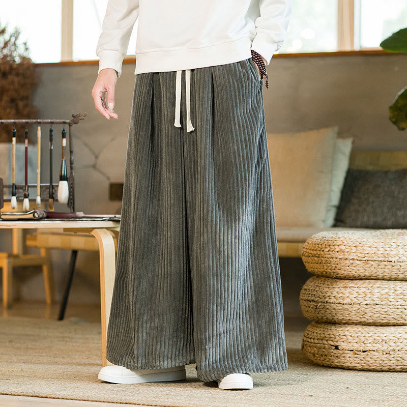 Commute Plain Drawstring Men's Wide Leg Cotton Corduroy Pants With Pockets