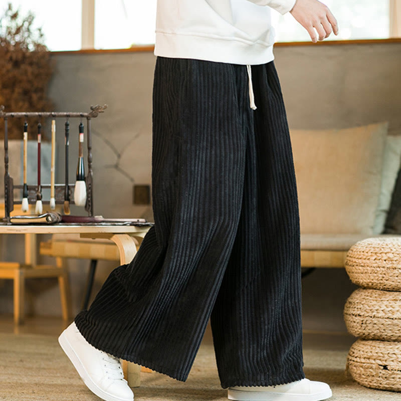 Commute Plain Drawstring Men's Wide Leg Cotton Corduroy Pants With Pockets