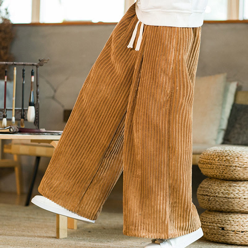 Commute Plain Drawstring Men's Wide Leg Cotton Corduroy Pants With Pockets