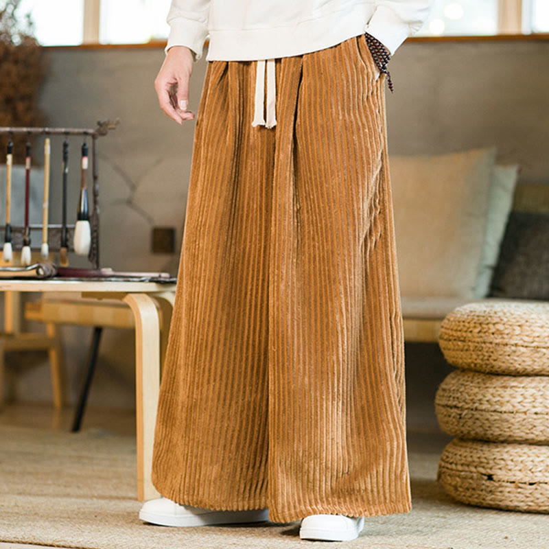 Commute Plain Drawstring Men's Wide Leg Cotton Corduroy Pants With Pockets