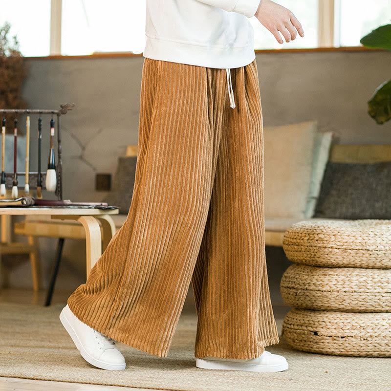 Commute Plain Drawstring Men's Wide Leg Cotton Corduroy Pants With Pockets
