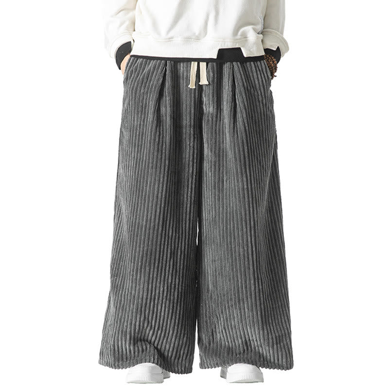 Commute Plain Drawstring Men's Wide Leg Cotton Corduroy Pants With Pockets