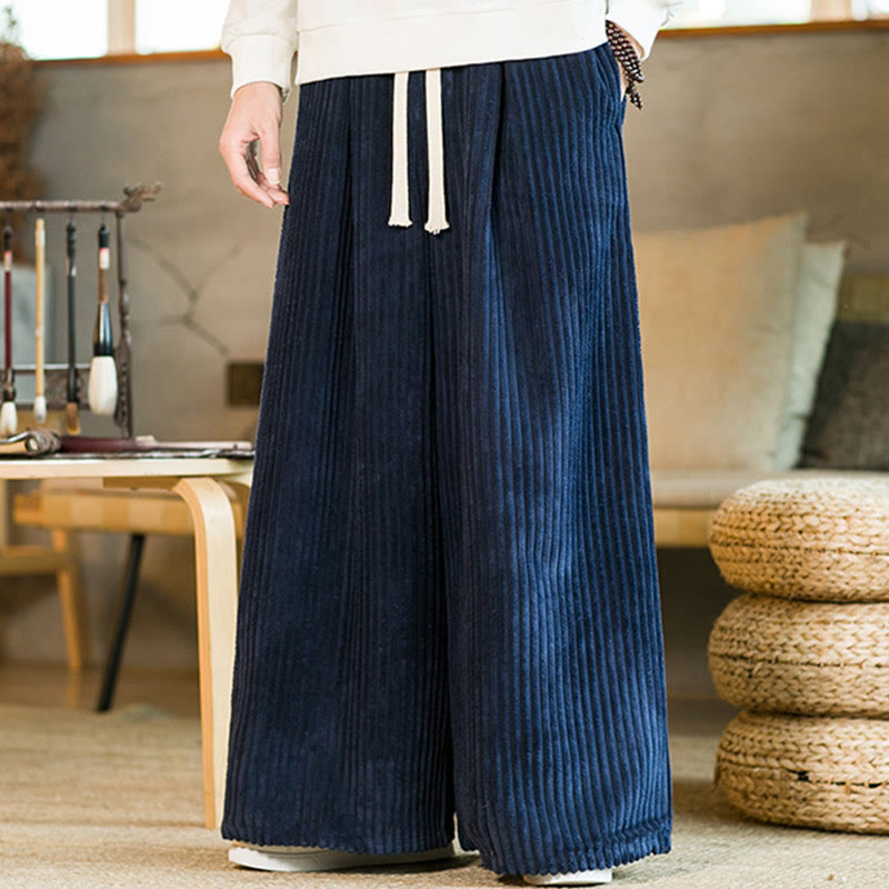 Commute Plain Drawstring Men's Wide Leg Cotton Corduroy Pants With Pockets