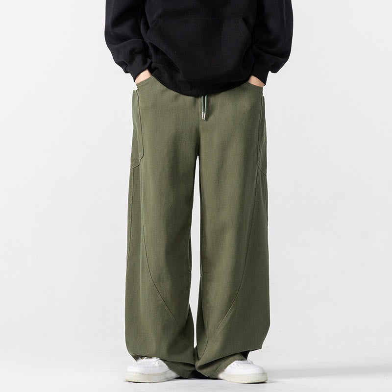 Fall Pure Color Men's Wide Leg Cotton Drawstring Pants With Pockets