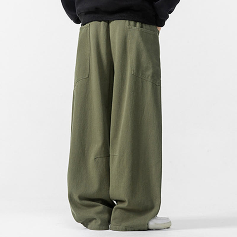 Fall Pure Color Men's Wide Leg Cotton Drawstring Pants With Pockets