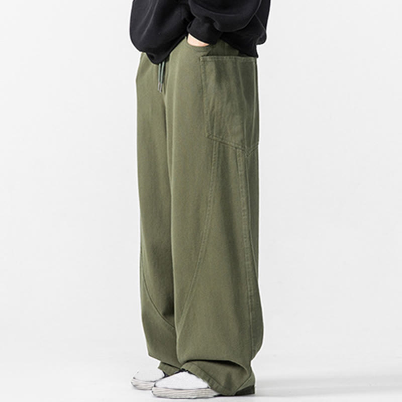 Fall Pure Color Men's Wide Leg Cotton Drawstring Pants With Pockets